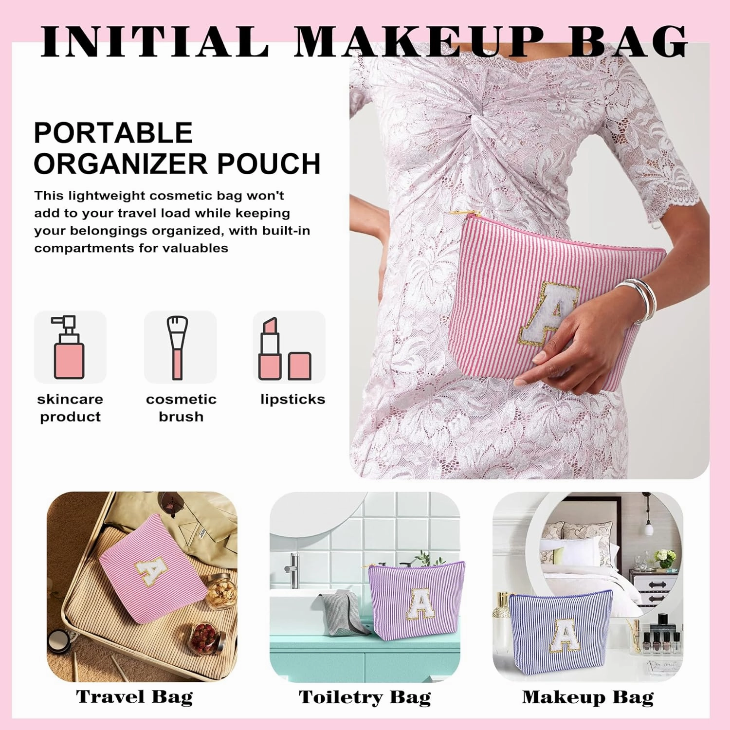 Travel Toiletry and Makeup Bag - Travel Essentials for Women, Pink Initial Makeup Bags for Hair Ties, Clips, Brushes, Sponges, Lipsticks, Blush, Eyelash Curler, Easy to Carry (Pink Letter L)