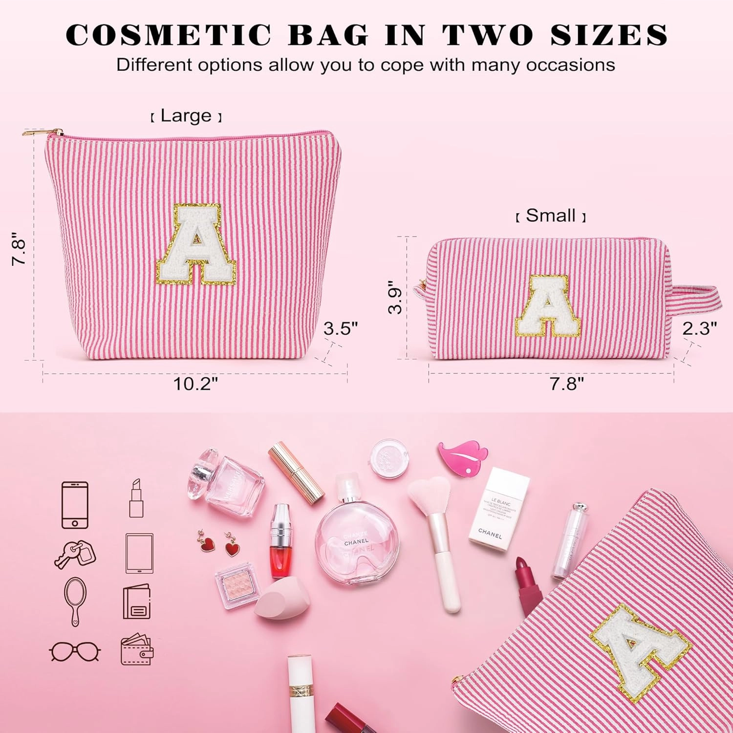 Travel Toiletry and Makeup Bag - Travel Essentials for Women, Pink Initial Makeup Bags for Hair Ties, Clips, Brushes, Sponges, Lipsticks, Blush, Eyelash Curler, Easy to Carry (Pink Letter L)