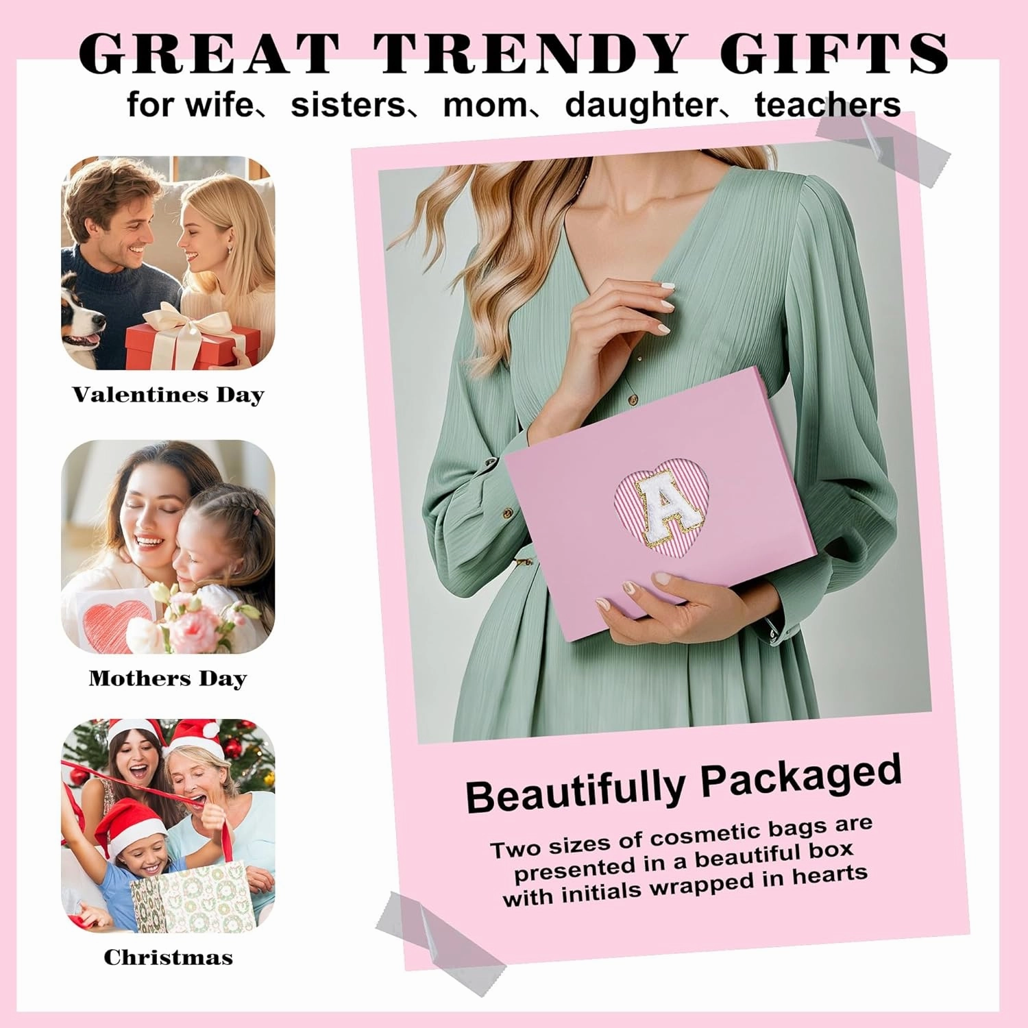 Travel Toiletry and Makeup Bag - Travel Essentials for Women, Pink Initial Makeup Bags for Hair Ties, Clips, Brushes, Sponges, Lipsticks, Blush, Eyelash Curler, Easy to Carry (Pink Letter L)