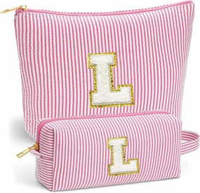 Travel Toiletry and Makeup Bag - Travel Essentials for Women, Pink Initial Makeup Bags for Hair Ties, Clips, Brushes, Sponges, Lipsticks, Blush, Eyelash Curler, Easy to Carry (Pink Letter L)