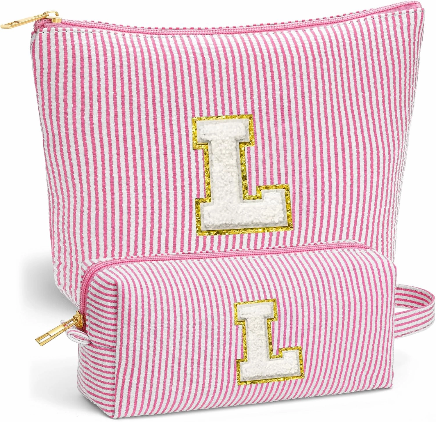 Travel Toiletry and Makeup Bag - Travel Essentials for Women, Pink Initial Makeup Bags for Hair Ties, Clips, Brushes, Sponges, Lipsticks, Blush, Eyelash Curler, Easy to Carry (Pink Letter L)