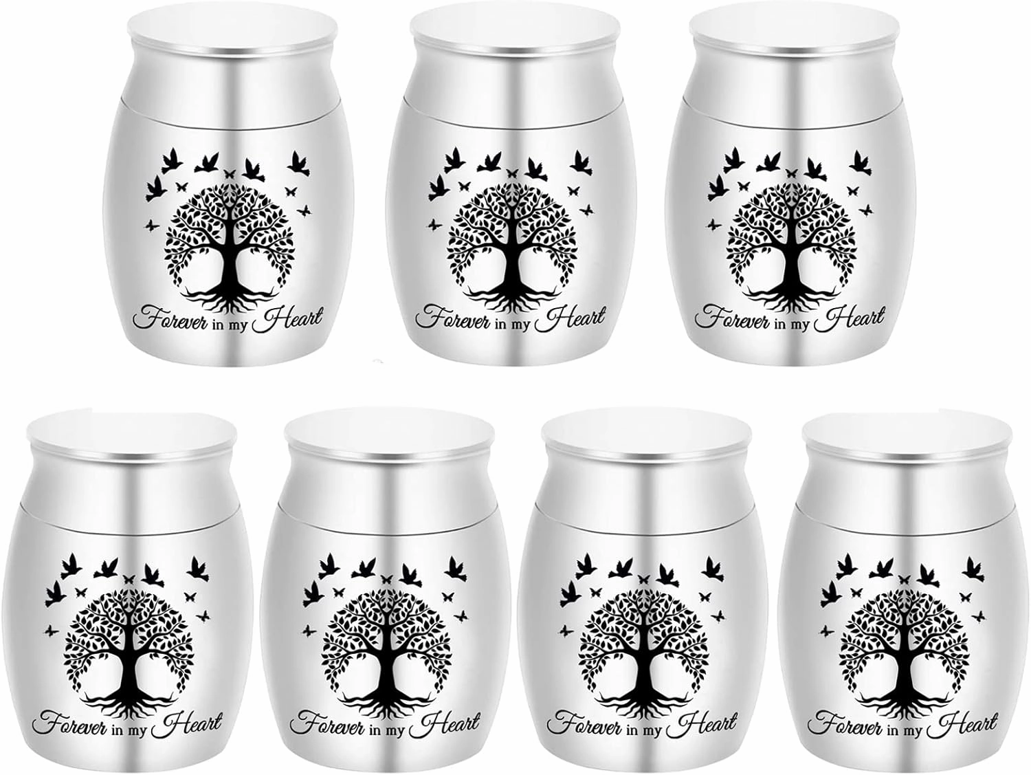 Tree of Life Mini Set of 7 Stainless Steel Memorial Ashes Holders - Small Keepsake Urns for Human Ashes - Perfect for Funeral - Forever in my heart (Silver-7pcs)