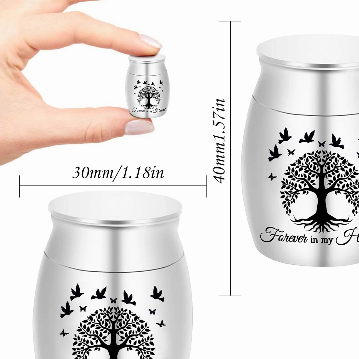 Tree of Life Mini Set of 7 Stainless Steel Memorial Ashes Holders - Small Keepsake Urns for Human Ashes - Perfect for Funeral - Forever in my heart (Silver-7pcs)