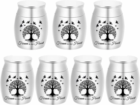 Tree of Life Mini Set of 7 Stainless Steel Memorial Ashes Holders - Small Keepsake Urns for Human Ashes - Perfect for Funeral - Forever in my heart (Silver-7pcs)