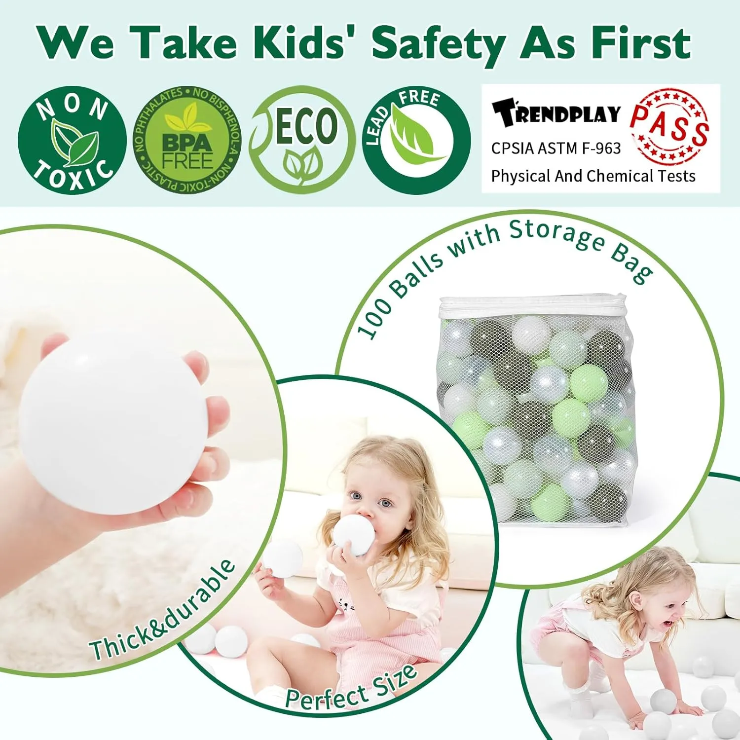 TRENDPLAY Plastic Balls for Ball Pits, Pack of 100 Hollow Balls, Perfect for Toddler Baby Pools,Party Decoration, 2.2 Inch 2.4 Inch 2.75 Inch