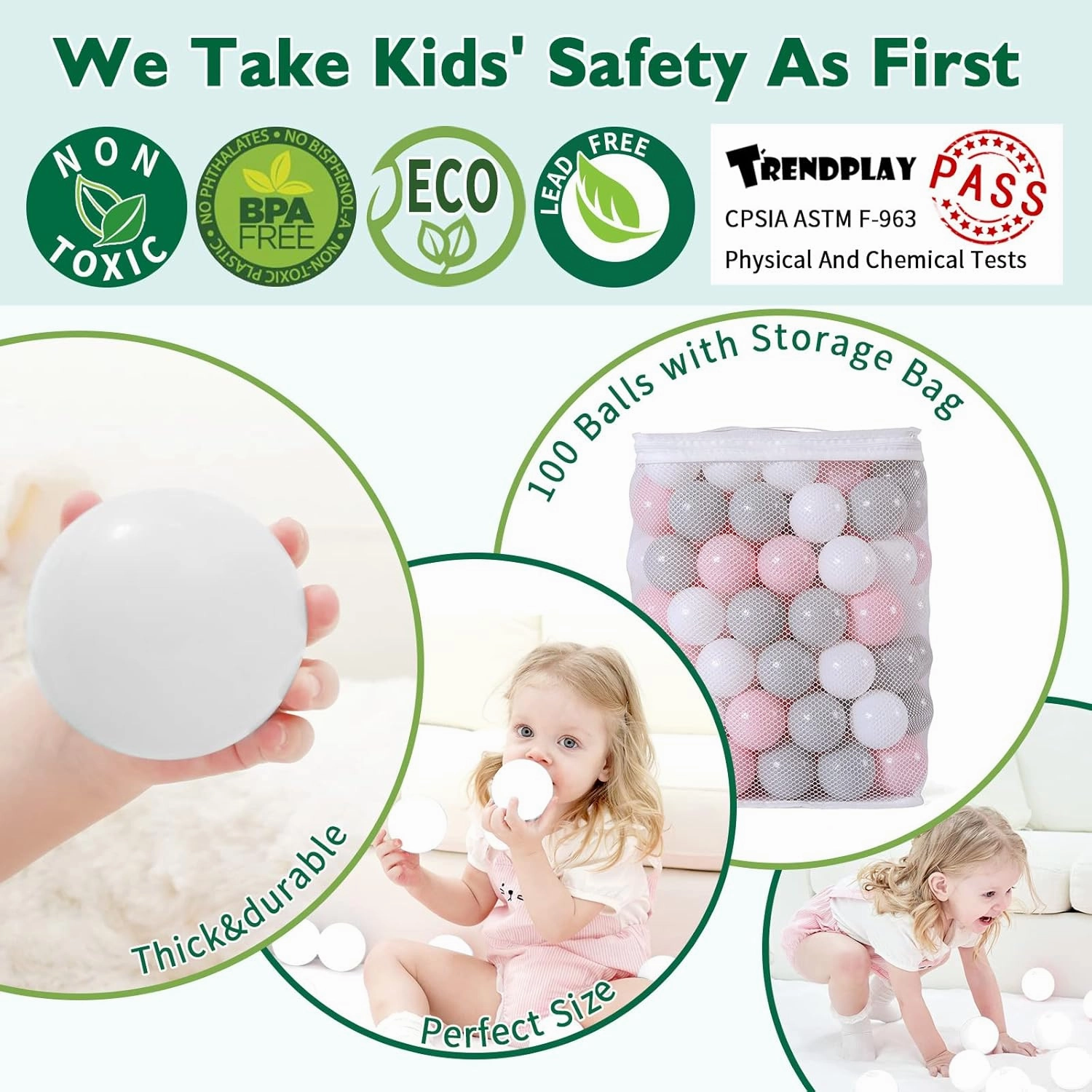 TRENDPLAY Plastic Balls for Ball Pits, Pack of 100 Hollow Balls, Perfect for Toddler Baby Pools,Party Decoration, 2.2 Inch 2.4 Inch 2.75 Inch