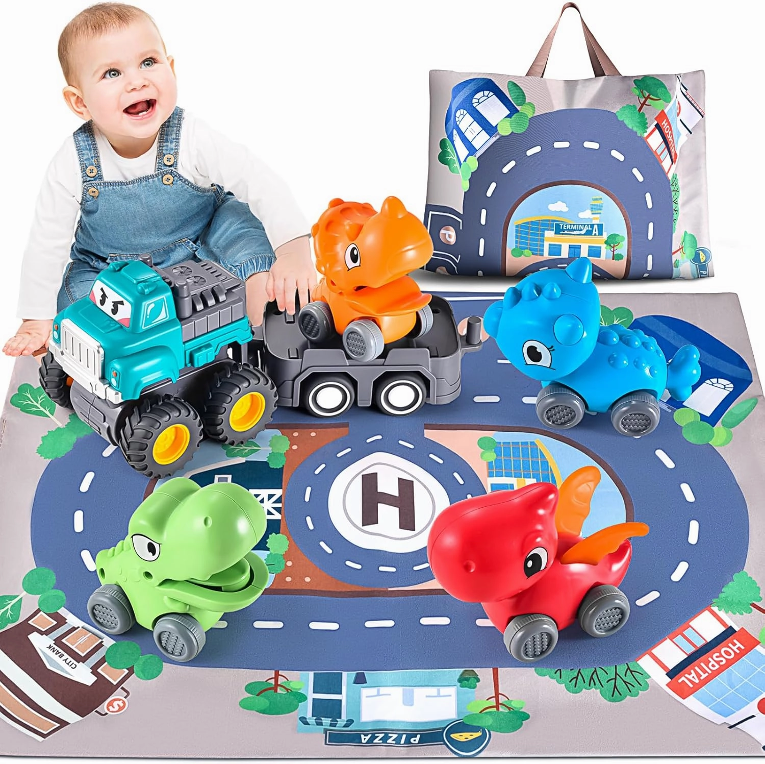 Truck Car Construction Vehicle Toys for 1 Year Old Boy with Playmat (Storage Bag), Baby Toys 12-18 Months Toddler Toys Age 1-2, First Birthday Gift for 1 2 Year Old Boy