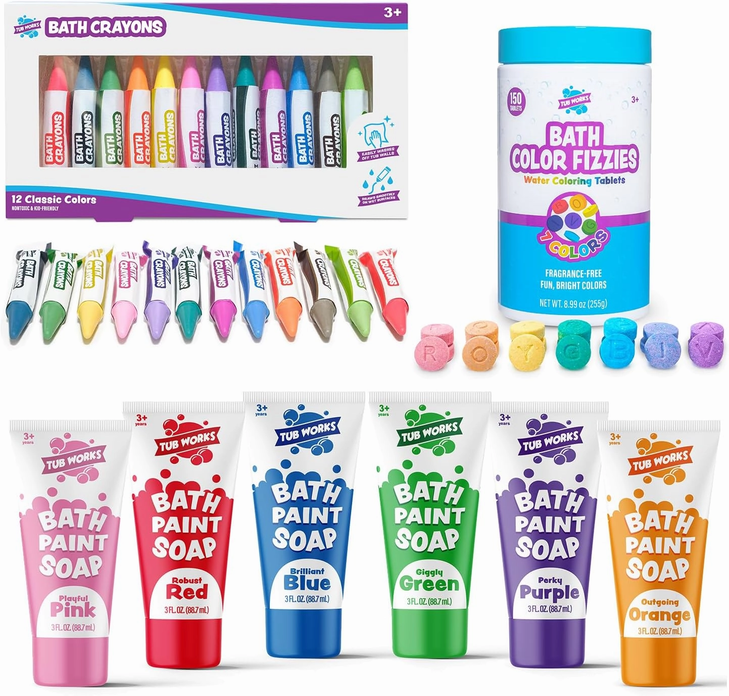 Tub Works® My Colorful Bath™ Kids Bath Set | Nontoxic | Fizzy Bath Color Tablets (150 Count), Smooth™ Bath Crayons (12 Pack) & Bath Paint Soap (6 Pack) | Creative Bath Toys for Toddlers & Kids