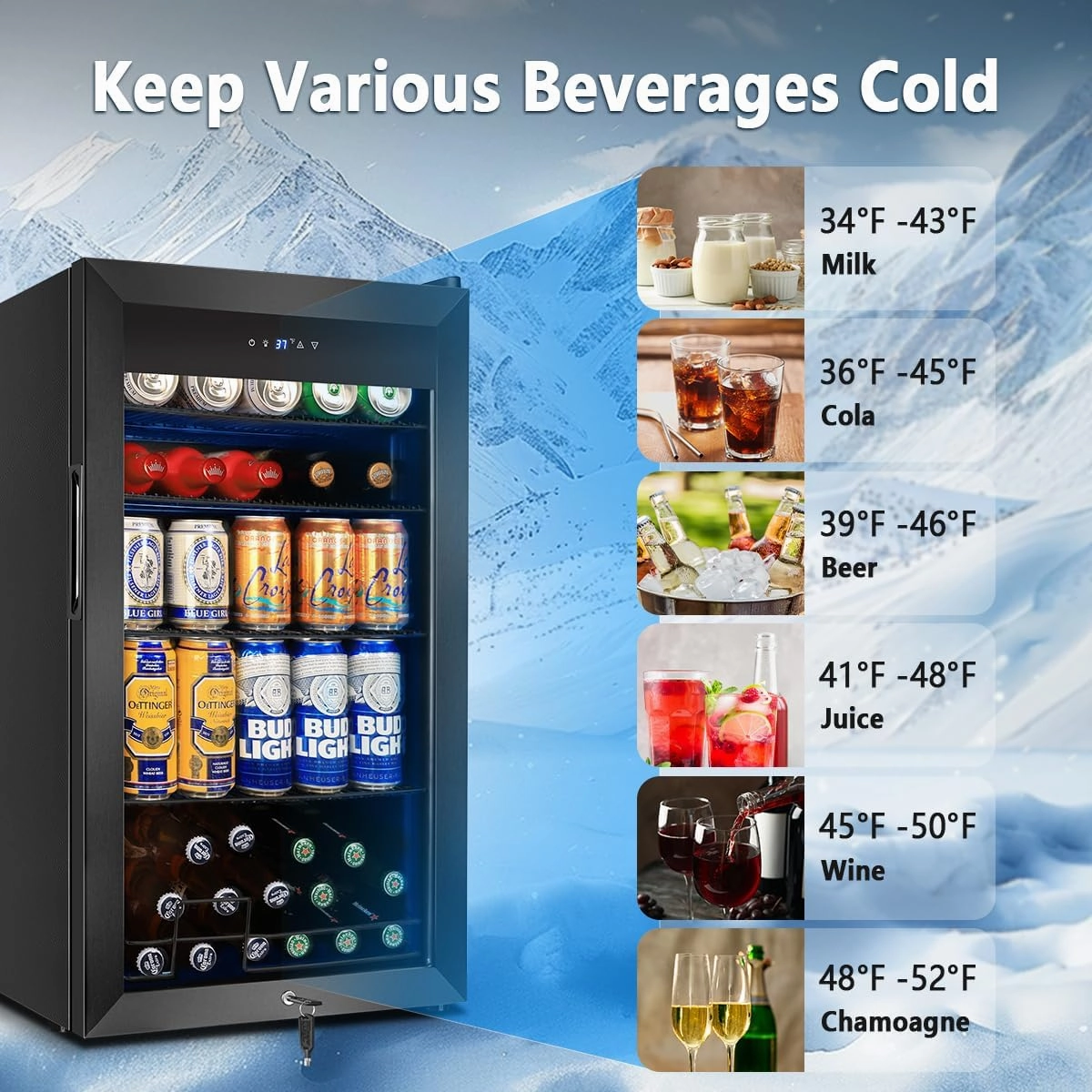 Tylza 130 Can Beverage Refrigerator Cooler, 3.22 Cu.Ft Beverage Cooler with Low-E Glass Door, Safety Lock, Beverage Fridge for Soda, Beer, Wine, Mini Fridge for Home, Office, Bar, Bedroom, Black