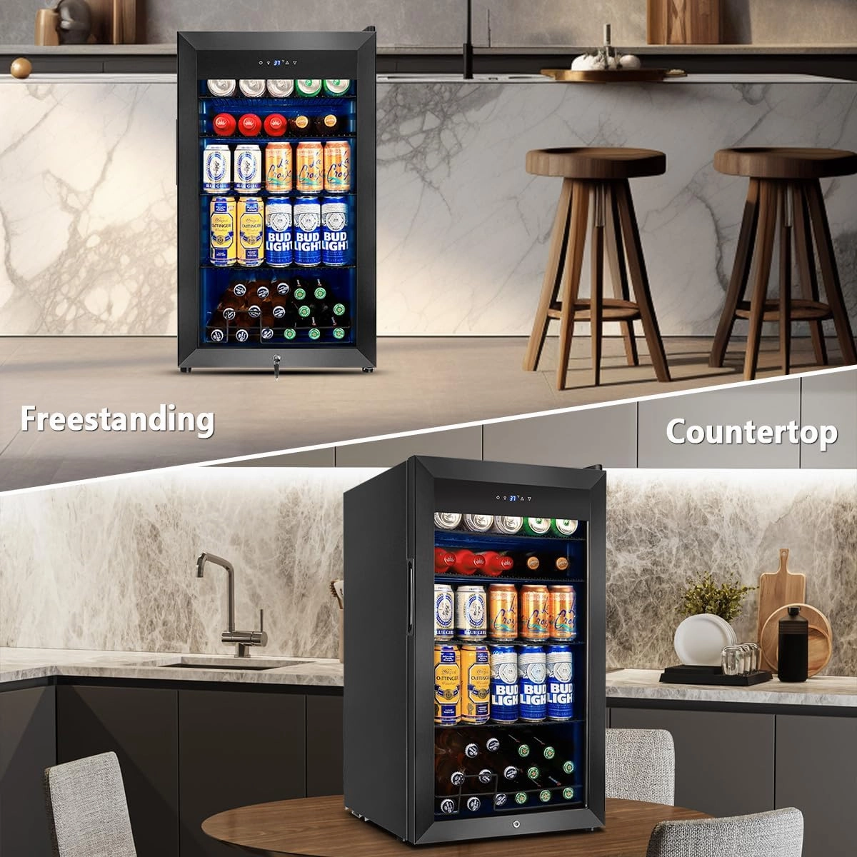 Tylza 130 Can Beverage Refrigerator Cooler, 3.22 Cu.Ft Beverage Cooler with Low-E Glass Door, Safety Lock, Beverage Fridge for Soda, Beer, Wine, Mini Fridge for Home, Office, Bar, Bedroom, Black