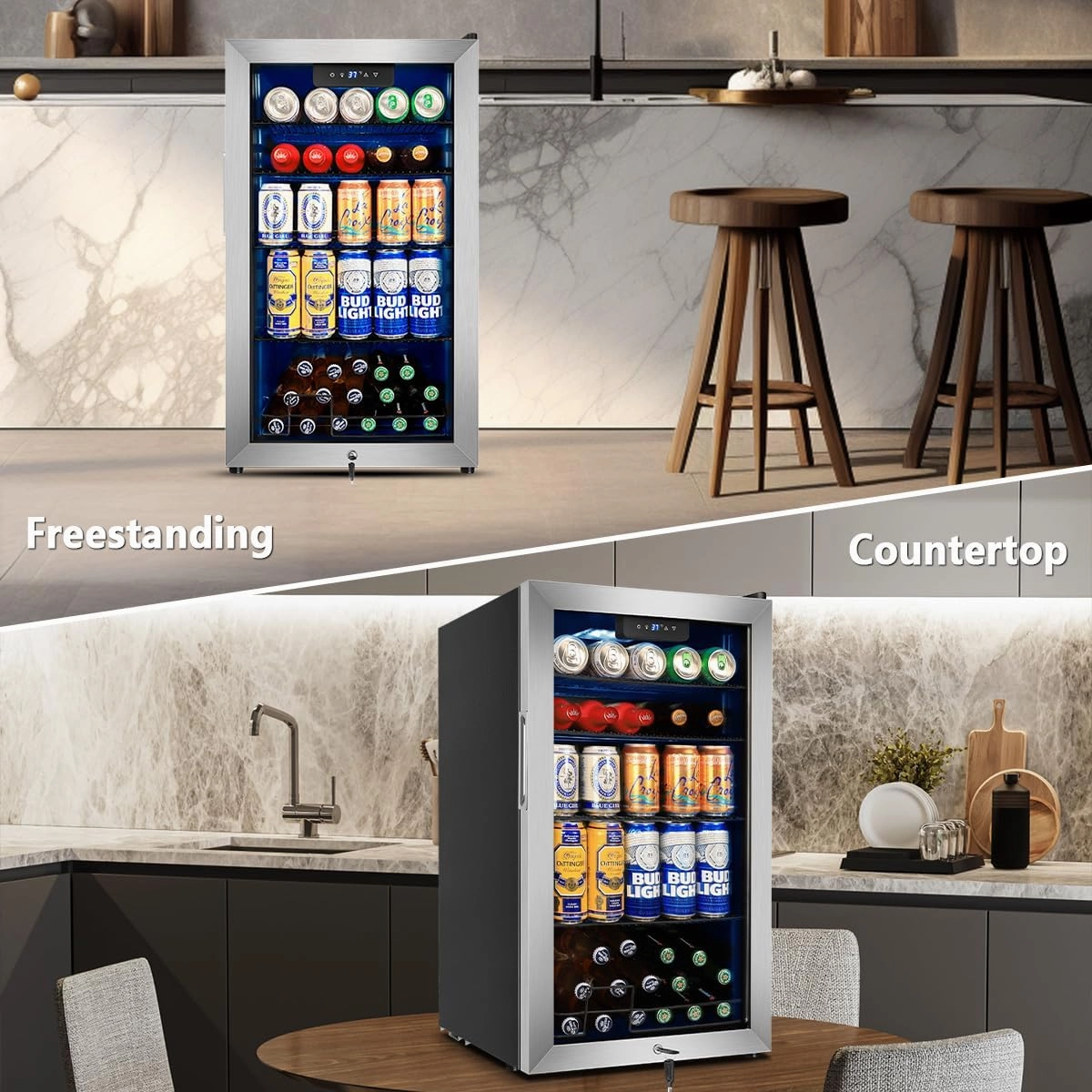 Tylza 130 Can Beverage Refrigerator Cooler, 3.22 Cu.Ft Beverage Cooler with Low-E Glass Door, Safety Lock, Beverage Fridge for Soda, Beer, Wine, Mini Fridge for Home, Office, Bar, Bedroom, Silver