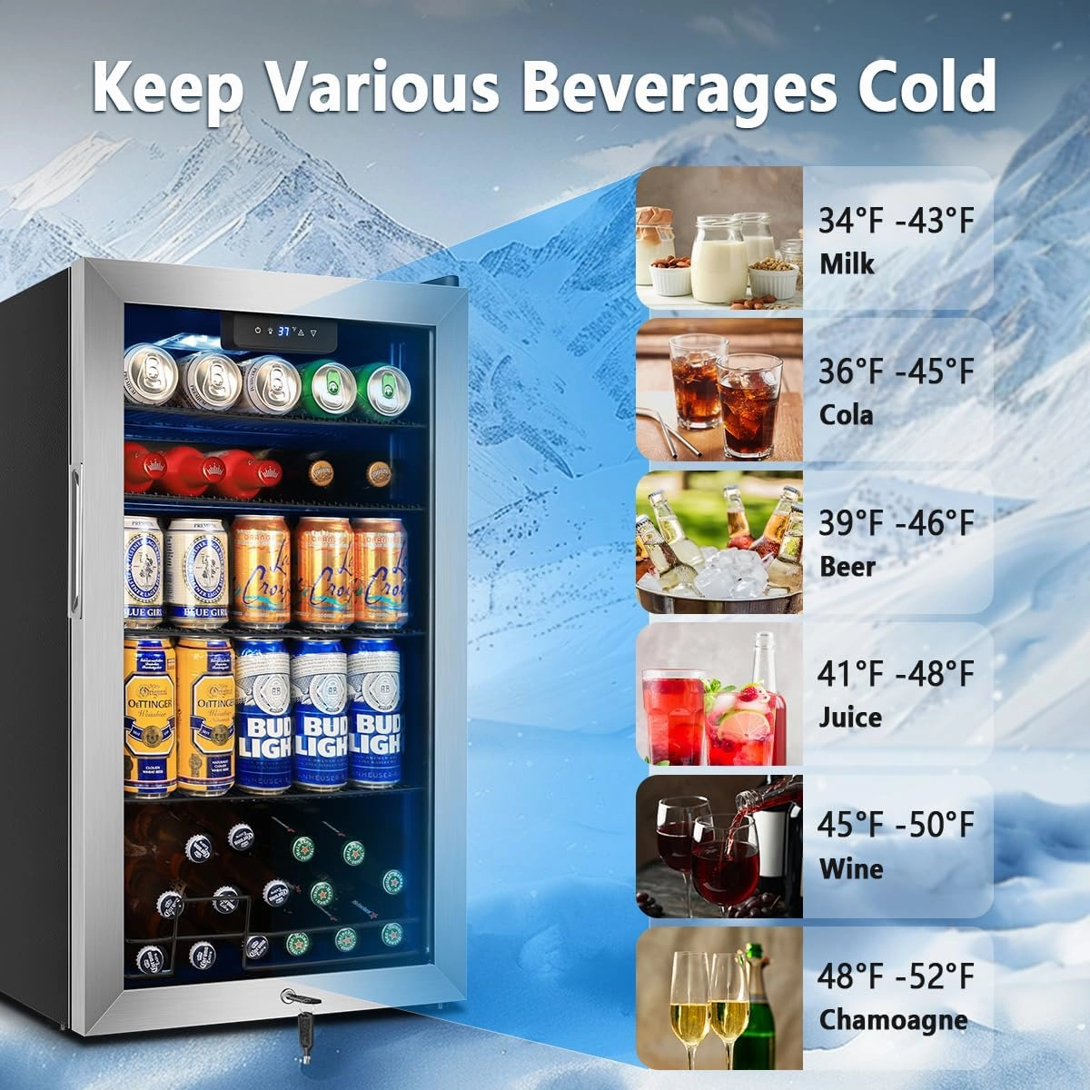 Tylza 130 Can Beverage Refrigerator Cooler, 3.22 Cu.Ft Beverage Cooler with Low-E Glass Door, Safety Lock, Beverage Fridge for Soda, Beer, Wine, Mini Fridge for Home, Office, Bar, Bedroom, Silver