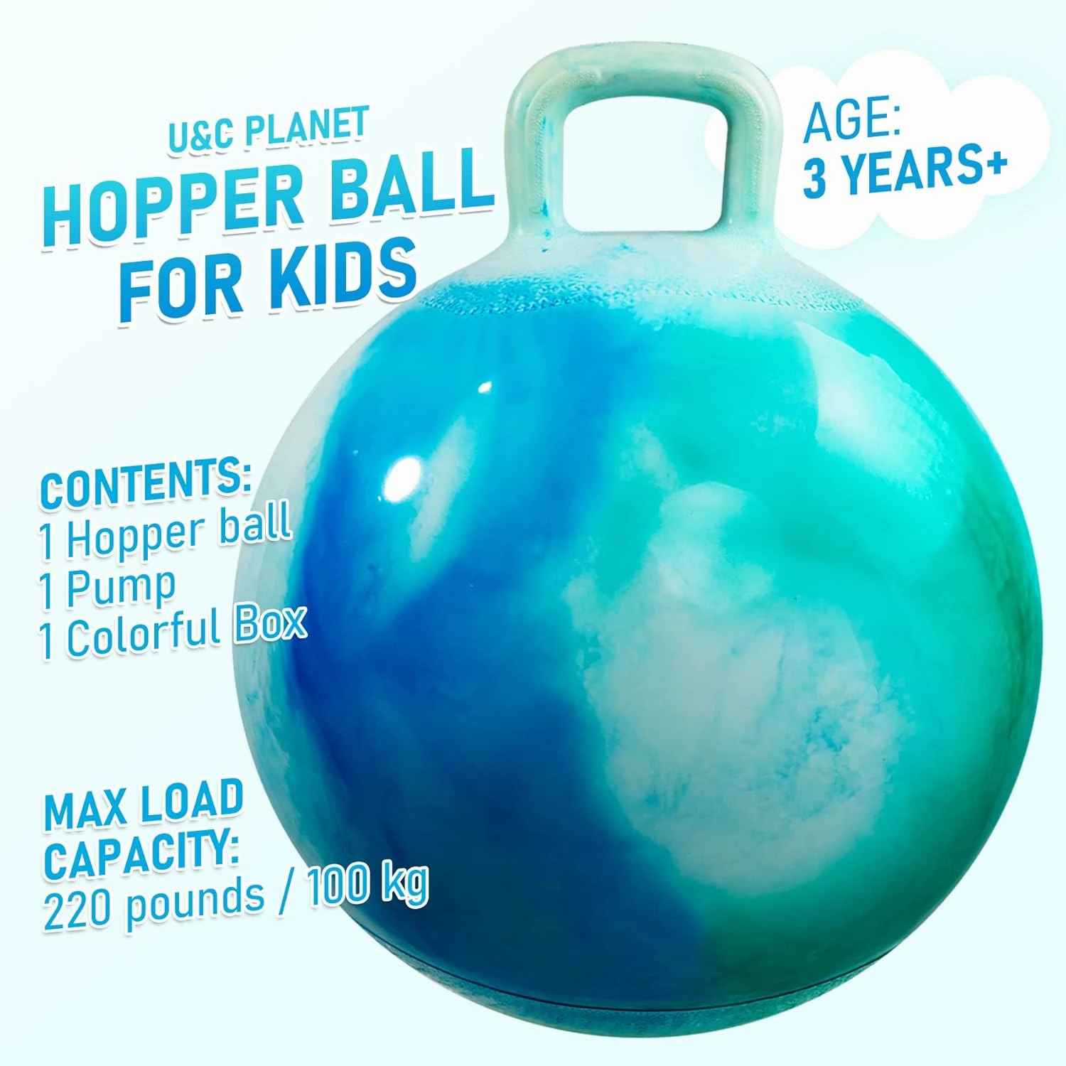 U&C Planet Hopper Ball 18 inches Bouncy Ball with Handle for Kids Age 3-6 Hoppity Hop Sit and Bounce Jumping Hopping Ball with Pump and Gift Box Great Gift for Birthday Christmas, Clouds