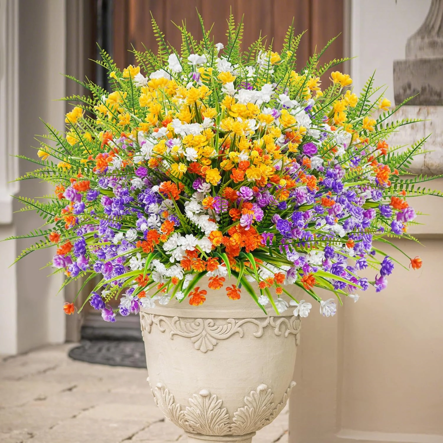 Uieke 24PCS Artificial Flowers for Outdoors UV Resistant Fake Flowers with Bostern Ferns Shrubs Faux Plastic Greenery Plants for Outdoor Garden Window Box Home Indoor Decor