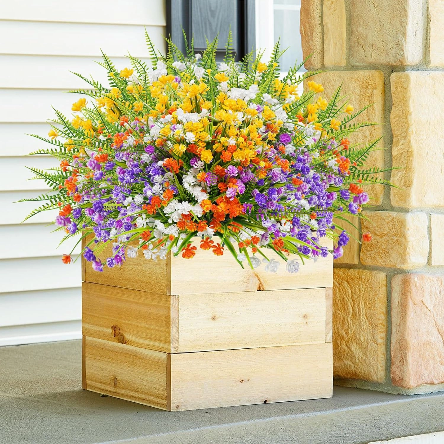 Uieke 24PCS Artificial Flowers for Outdoors UV Resistant Fake Flowers with Bostern Ferns Shrubs Faux Plastic Greenery Plants for Outdoor Garden Window Box Home Indoor Decor