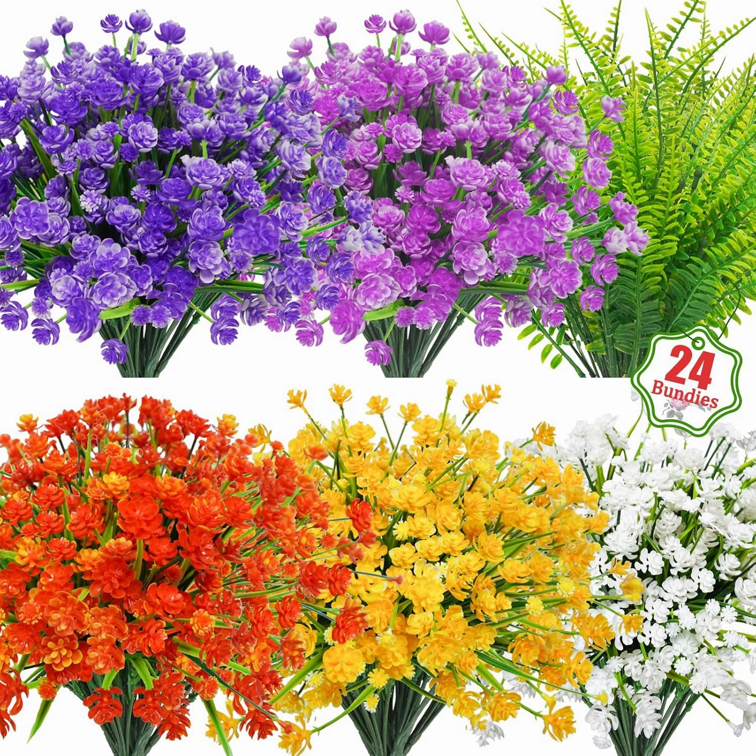 Uieke 24PCS Artificial Flowers for Outdoors UV Resistant Fake Flowers with Bostern Ferns Shrubs Faux Plastic Greenery Plants for Outdoor Garden Window Box Home Indoor Decor