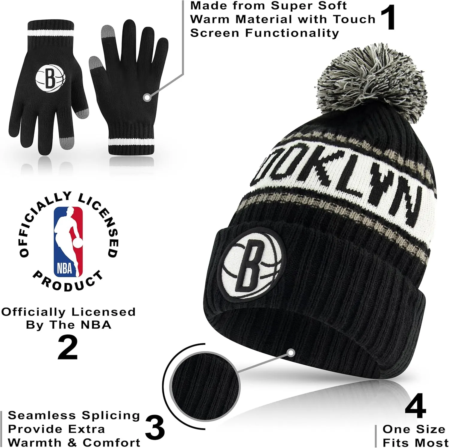 Ultra Game Adult's NBA Official Super Soft Winter Beanie Knit Hat with Extra Warm Touch Screen Gloves