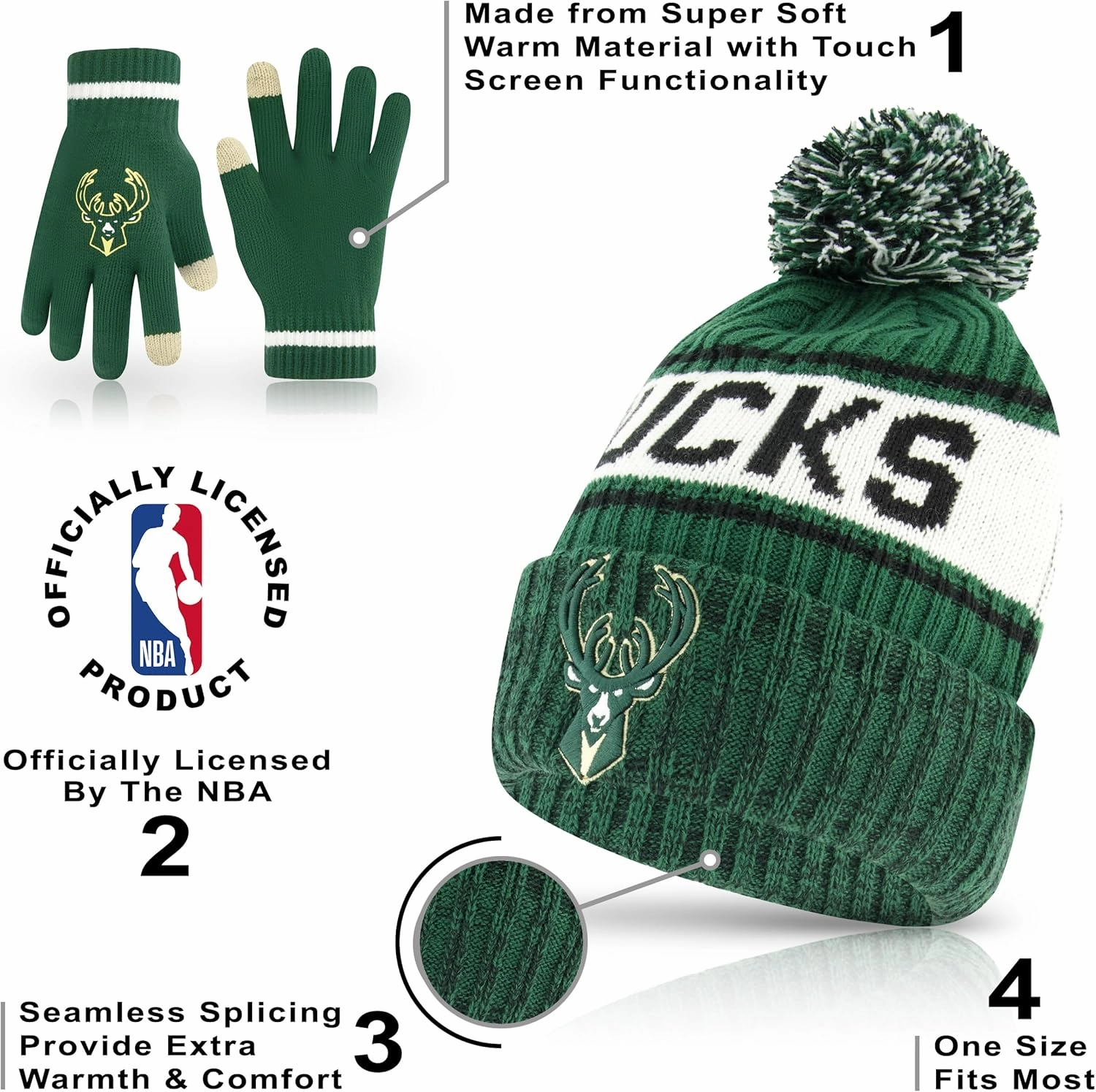 Ultra Game Adult's NBA Official Super Soft Winter Beanie Knit Hat with Extra Warm Touch Screen Gloves