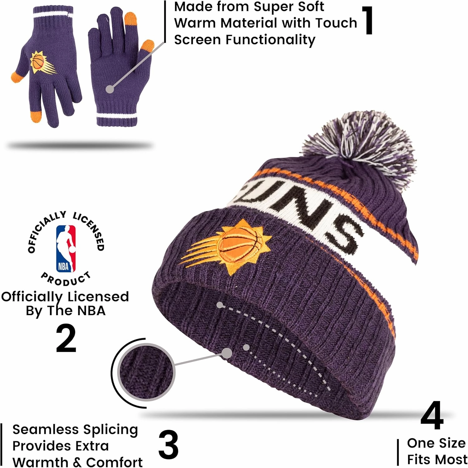 Ultra Game Adult's NBA Official Super Soft Winter Beanie Knit Hat with Extra Warm Touch Screen Gloves
