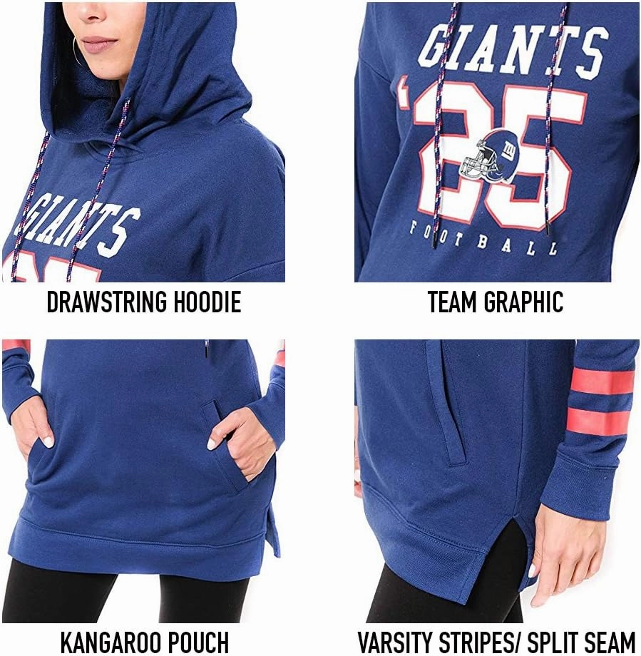 Ultra Game Women's NFL Official Soft French Terry Tunic Hoodie Pullover Sweatshirt