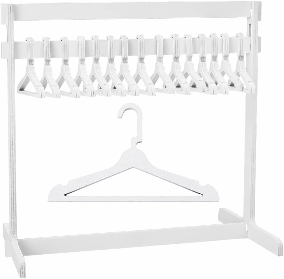 UNICRAFTALE 1 Set Doll Garment Rack with 15Pcs Wooden Clothes Hanger Small Dolls Clothes Rack White Mini Dress Up Storage Doll Garment Rack Accessory for Dollhouse Cat Puppy 11.85"x12.01"x7.05"