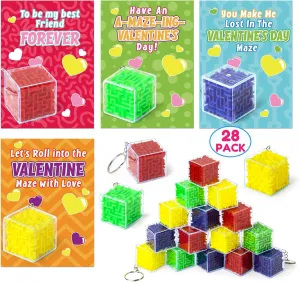 Valentines Day Card for Kids Classroom-28 Packs Valentine’s Greeting Cards with 3D Maze Puzzle Toys, Valentines Day Gifts for Kids, Valentine School Party Favors, Classroom Exchange Gift Keychains