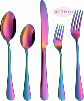 VANDBAO Rainbow Flatware Cutlery Silverware Set 20 Pieces, Stainless Steel Colorful Utensils, Tableware Set Service for 4, Include Knife/Fork/Spoon, Reusable, Mirror Polished, Dishwasher Safe