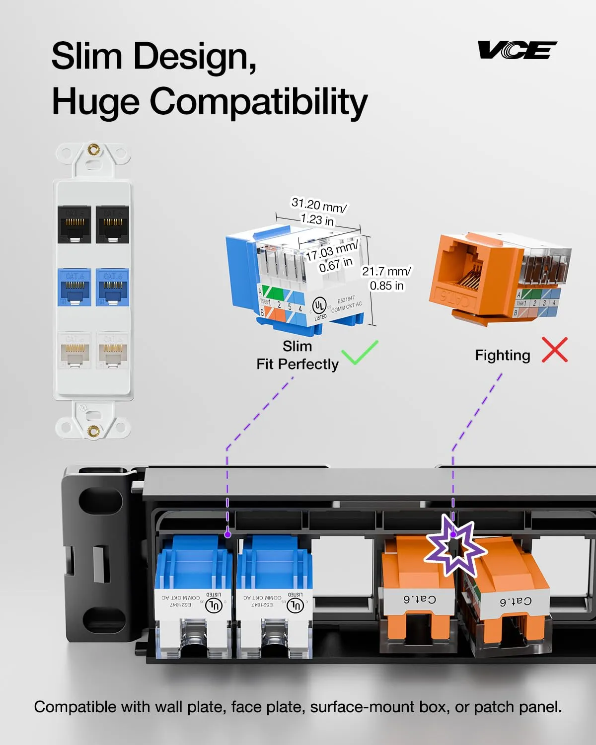 VCE RJ45 Cat6 Keystone Jacks UL Listed 50-Pack, UTP Ethernet Keystone Jacks with Keystone Punch Down Stand Tool and Wire Stripper Cutter, Blue
