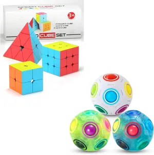 Vdealen 3 Pack Rainbow Puzzle Ball and 2x2x2 3x3x3 Pyramid Stickerless Magic Cube Bundle
