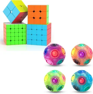 Vdealen 4 Pack Rainbow Puzzle Ball and 2x2 3x3 4x4 5x5 Stickerless Magic Cube Bundle