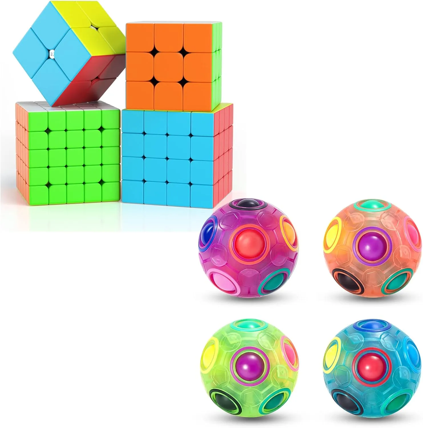 Vdealen 4 Pack Rainbow Puzzle Ball and 2x2 3x3 4x4 5x5 Stickerless Magic Cube Bundle