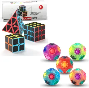 Vdealen 5 Pack Rainbow Puzzle Ball and 2x2x2 3x3x3 Pyramid Carbon Fiber Sticker Magic Cube Bundle