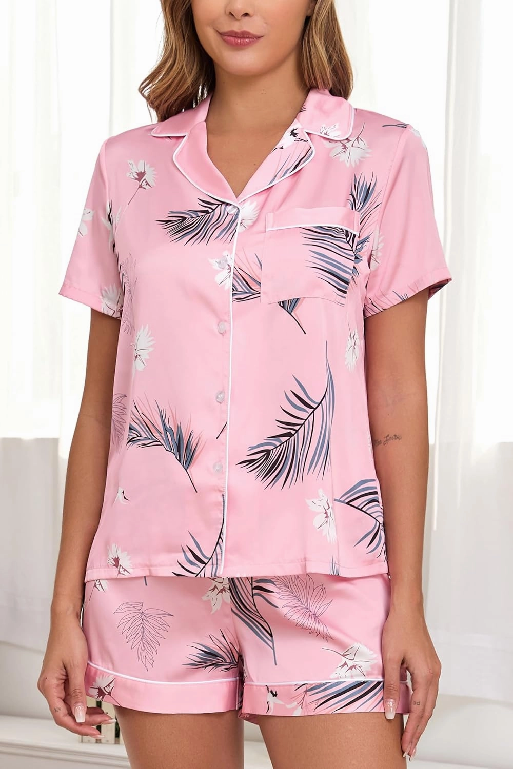 Veseacky Womens Satin Silk Pajamas Set Button Down Short Sleeve Sleepwear Loungewear Top and Short 2 Piece Pjs Set S-XXL
