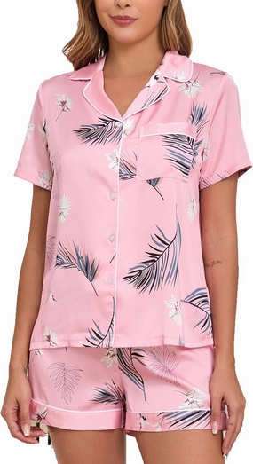 Veseacky Womens Satin Silk Pajamas Set Button Down Short Sleeve Sleepwear Loungewear Top and Short 2 Piece Pjs Set S-XXL