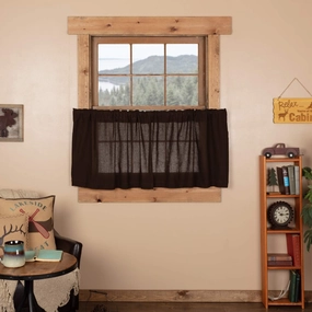 VHC Brands Burlap Chocolate Tier Set of 2 L24xW36 Country Curtains, Dark Brown