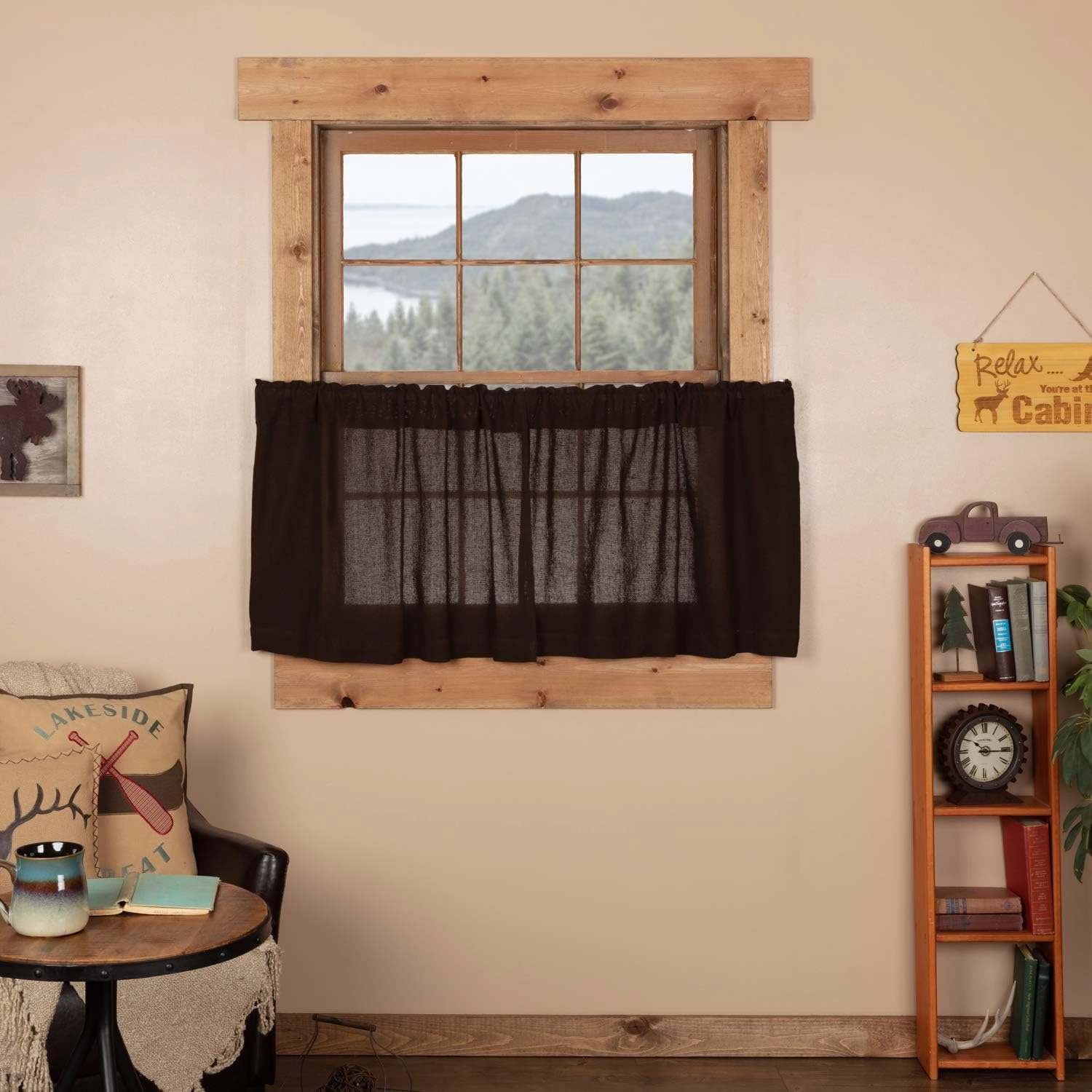 VHC Brands Burlap Chocolate Tier Set of 2 L24xW36 Country Curtains, Dark Brown
