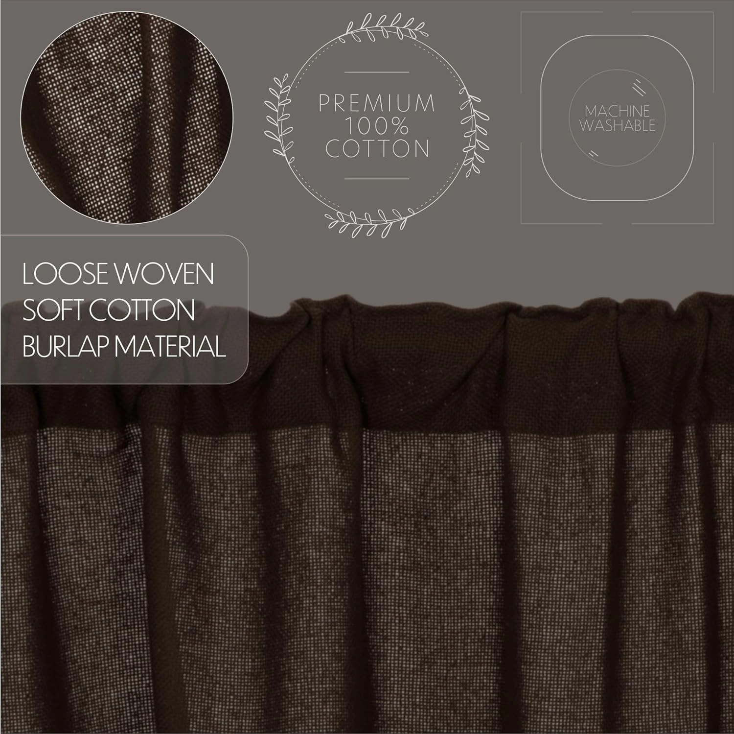 VHC Brands Burlap Chocolate Tier Set of 2 L24xW36 Country Curtains, Dark Brown