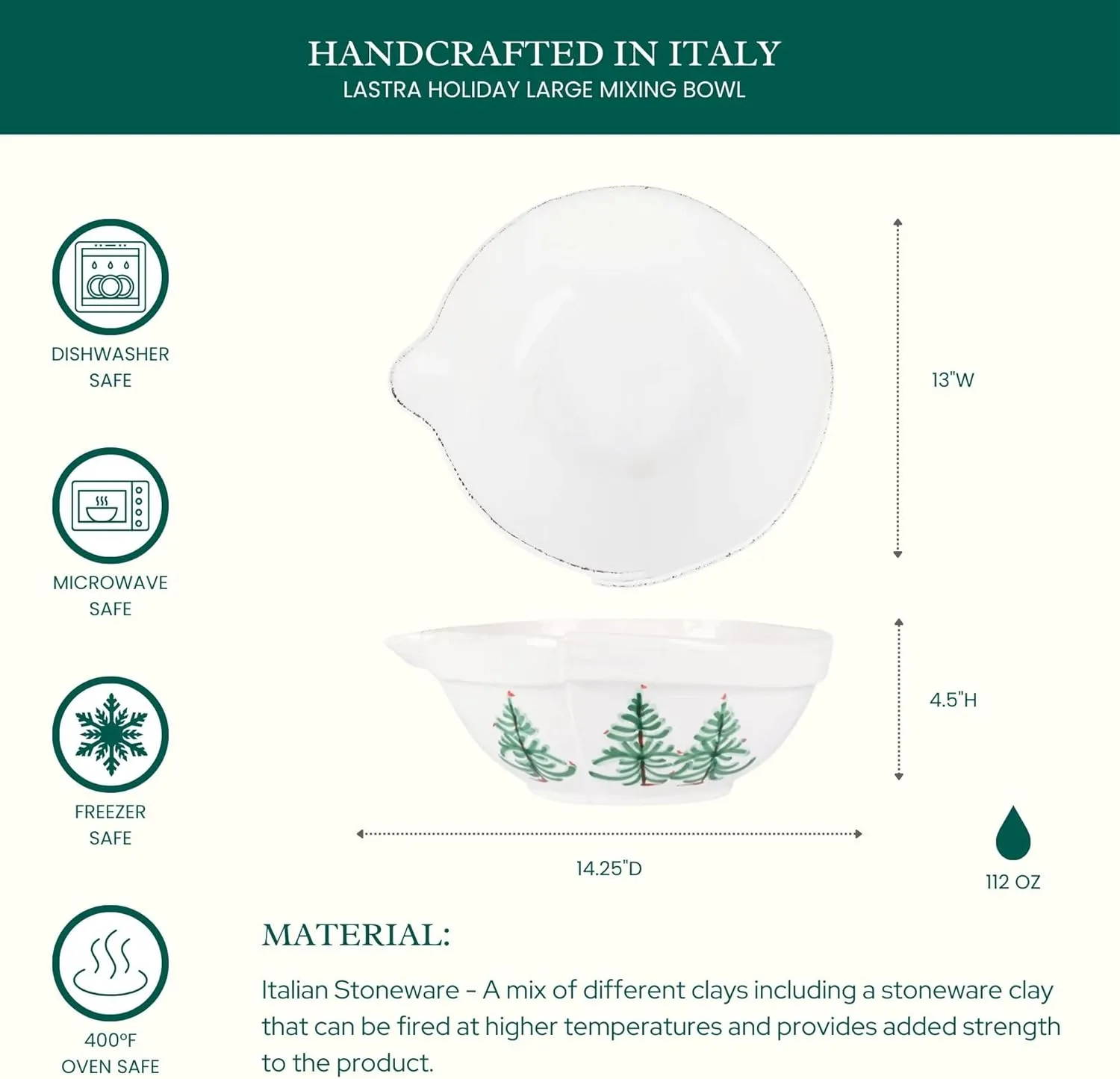 Vietri Lastra Holiday Small Mixing Bowl - Handmade Stoneware Baking & Cooking Prep Dish, 32 oz