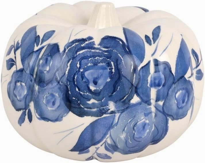 Vietri Blue Camellia Medium Figural Pumpkin - 9.75" x 7.75" Ceramic Handmade Thanksgiving Figurine