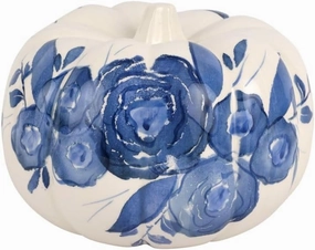 Vietri Blue Camellia Medium Figural Pumpkin - 9.75" x 7.75" Ceramic Handmade Thanksgiving Figurine