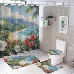 Vintage Colorful Floral 4 Pcs Shower Curtain Set, Non Slip Rug Toilet Lid Cover Bath Mat, Jungle Stream Tropical Palm Tree Bathroom Shower Decor Set Accessory, 72 x 72 Inch