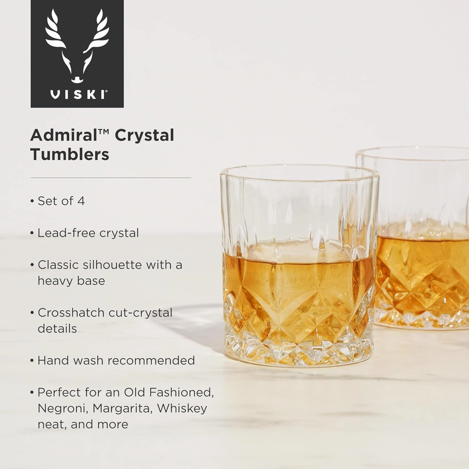 Viski Admiral Crystal Whiskey Tumbler Set of 4 - Premium Crystal Clear Liquor Drinking Glass, Classic Lowball Cocktail Glasses Gift Set, 9 Oz