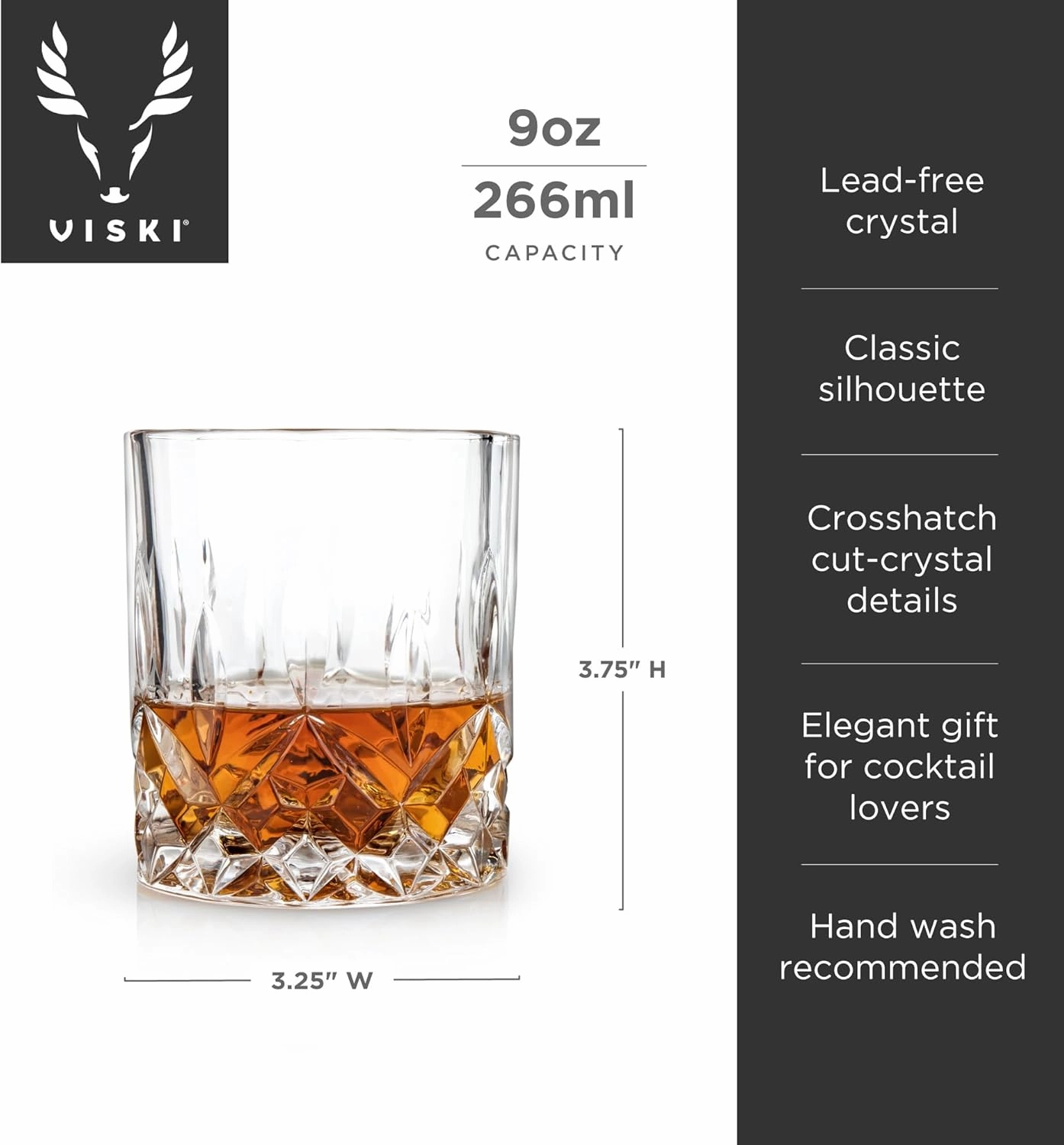 Viski Admiral Crystal Whiskey Tumbler Set of 4 - Premium Crystal Clear Liquor Drinking Glass, Classic Lowball Cocktail Glasses Gift Set, 9 Oz