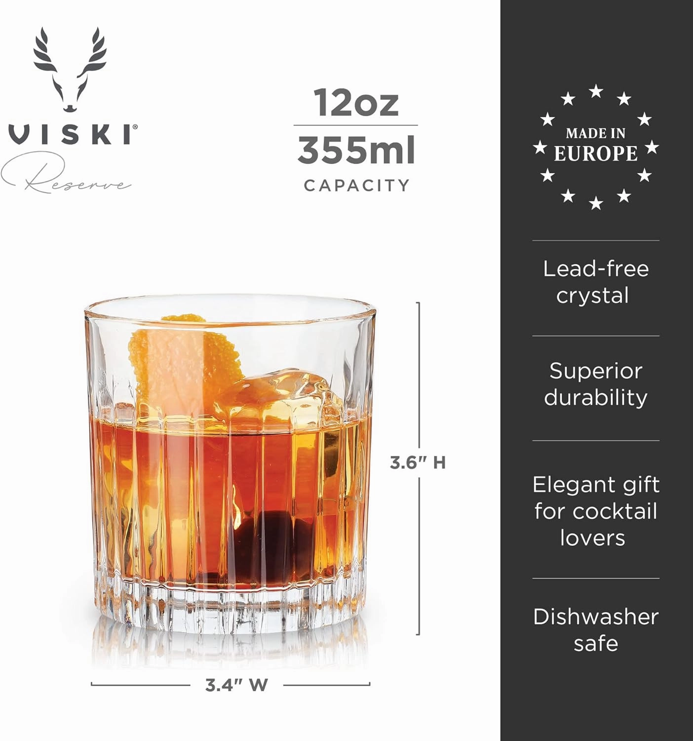 Viski Reserve Milo Crystal Rocks Glasses Old Fashioned Glass- European Crafted Rocks Glasses, Bourbon, Whiskey Glass and Liquor Gift Ideas Set of 4