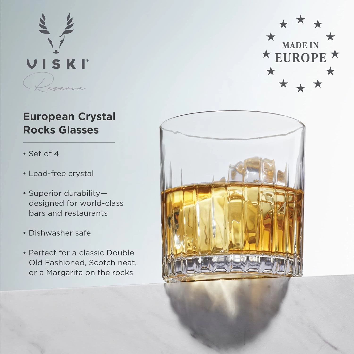 Viski Reserve Milo Crystal Rocks Glasses Old Fashioned Glass- European Crafted Rocks Glasses, Bourbon, Whiskey Glass and Liquor Gift Ideas Set of 4