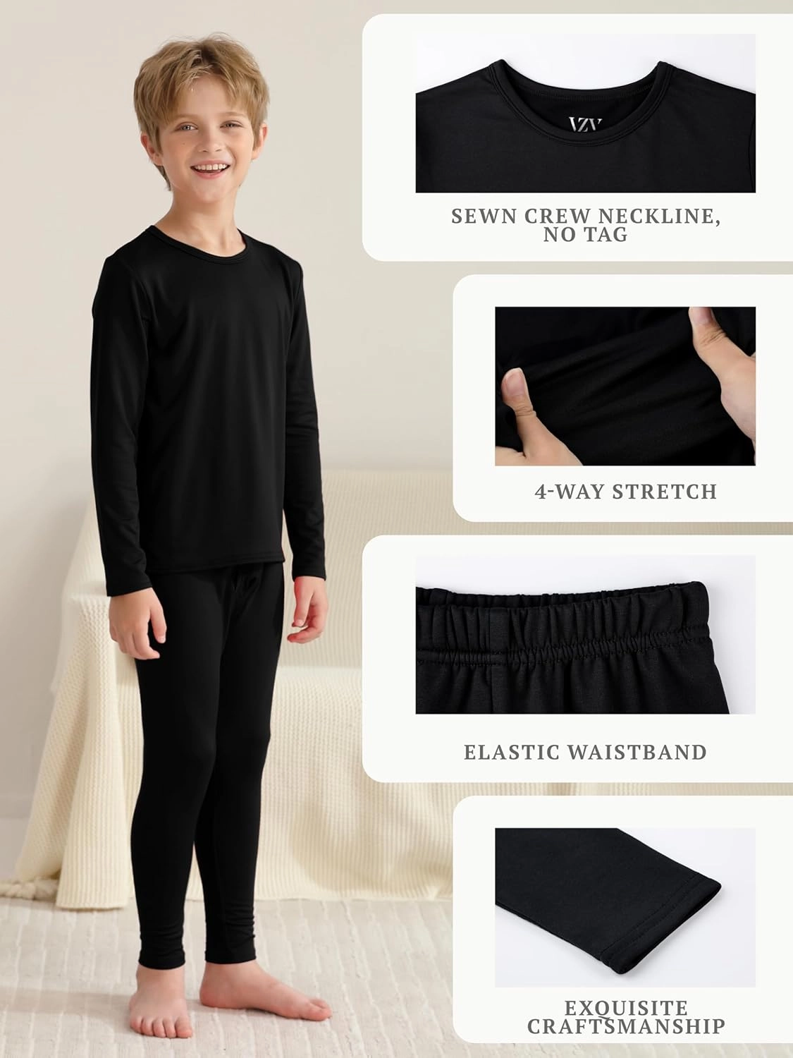 VZV 5 Set Boys Thermal Underwear Set, Kids Thermal Base Layer Fleece Lined Underwear Long Johns for Boys