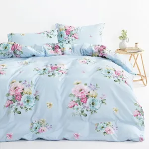 Wake In Cloud - Shabby Chic Comforter Set, Floral Farmhouse Cottagecore Vintage Colorful Pastel Spring Flowers, Soft Lightweight Bedding for Women Girls, 3 Pieces, Blue, King Size
