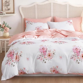 Wake In Cloud - Shabby Chic Comforter Set, Floral Farmhouse Cottagecore Vintage Colorful Pastel Spring Flowers, Soft Lightweight Bedding for Women Girls, 3 Pieces, White Pink, King Size