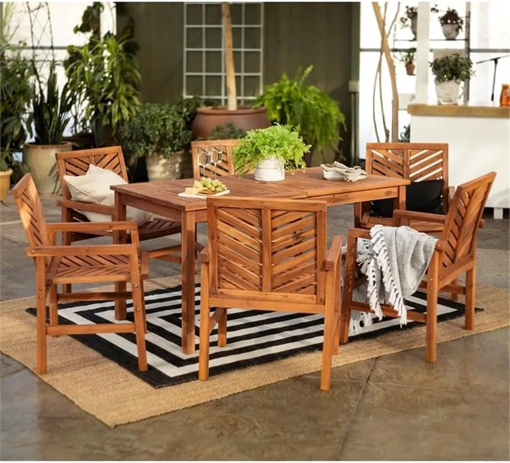 Walker Edison 6 Person Outdoor Wood Chevron Patio Furniture Dining Set Table Chairs All Weather Backyard Conversation Garden Poolside Balcony, 7 Piece, Brown