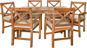 Walker Edison Delray Classic 7 Piece Acacia Wood Outdoor Dining Set with X Back Chairs, Set of 7, Brown